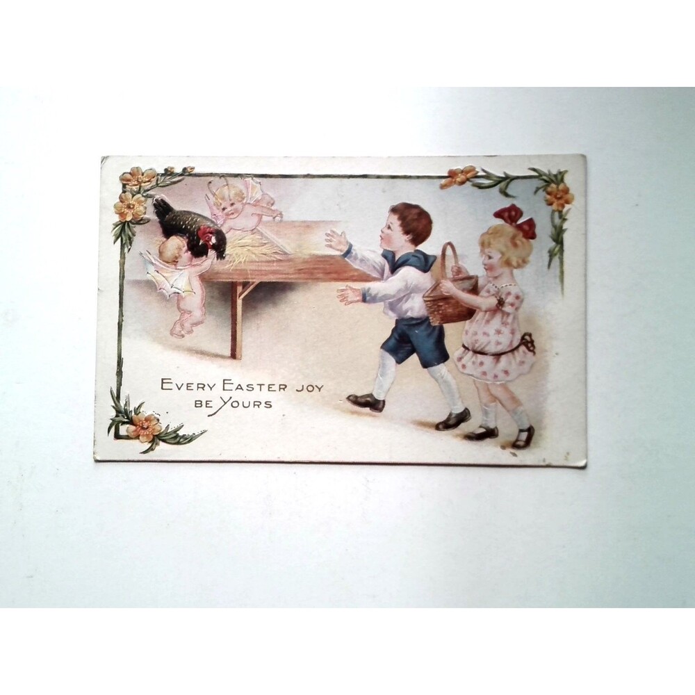 Vintage Easter Postcard Winsch Children Cherubs Chicken Basket Embossed